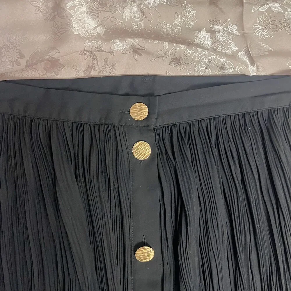 Zara Black Plisse Maxi Skirt Creped Chiffon Gold Buttons Women's Size S